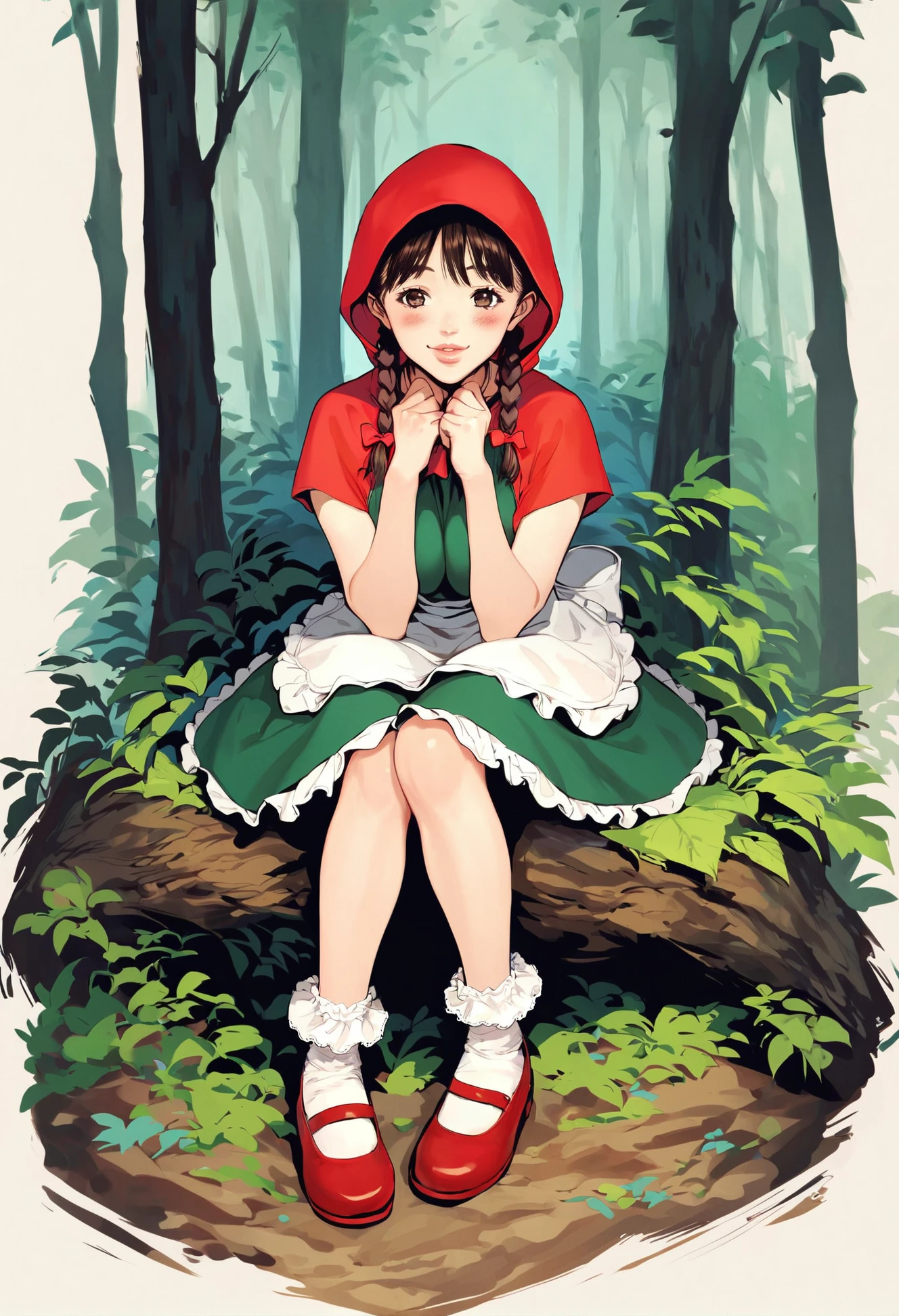 score_9, score_8_up,score_7_up,score_6_up, source_anime, a young girl is in a forest, sitting, smile, brown hair, blush, twin braids, frilled socks, red mary janes, lips, red hood, green short dress, medium breasts, apron, hairband, hair ribbon, full body,
<lora:redlight_style_xl_v0:.8>