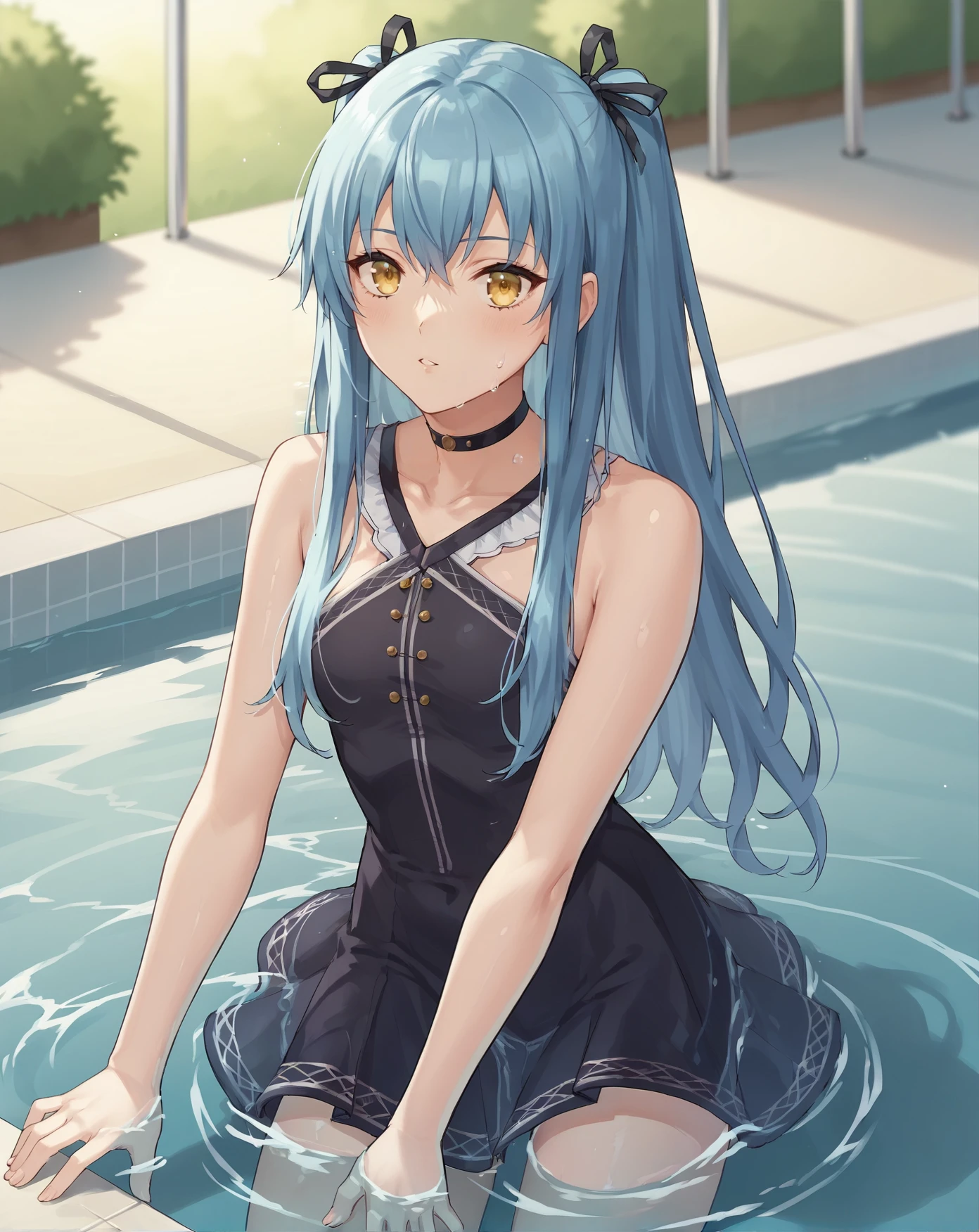 score_9, score_8_up, score_7_up, score_6_up, score_5_up, score_4_up, BREAK, solo, pool, in water, wading, 
<lora:tio2-000017:0.9>, tioplato, long hair, blue hair, yellow eyes, tioswim2, black dress, black ribbon, black choker,