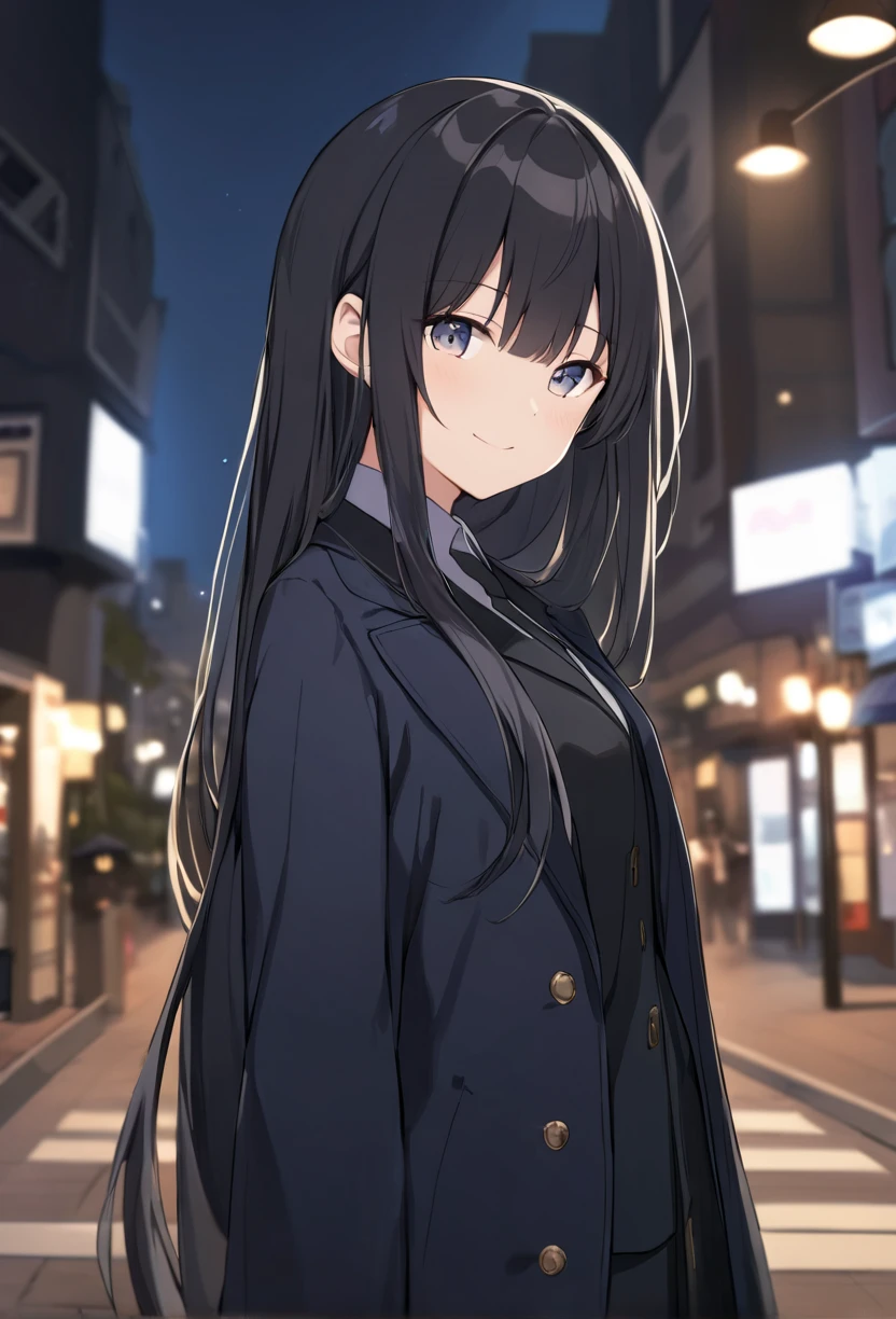 A_CP, 1girl, solo, teen, cowboy shot, (depth of field:1.2), (night), (long coat), downtown, (street light:1.1), (Fantastic lighting), looking at viewer, black hair, long hair, [smile], (Closed mouth),
highly detailed, best quality, absurdres,
 <lora:ALizV1:1>