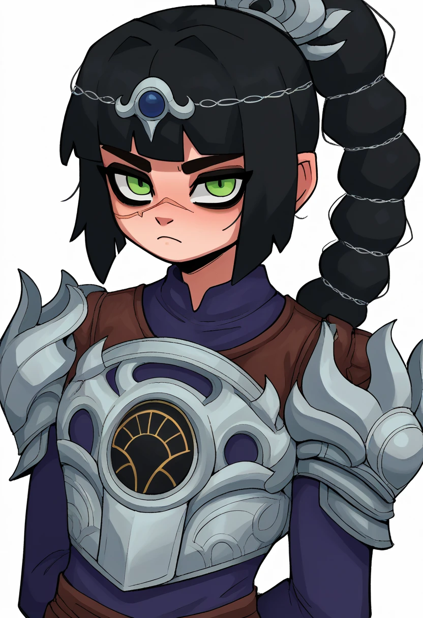 score_9, score_8_up, score_7_up, score_6_up, score_5_up, score_4_up, BREAK, source_anime, gummo, 1girl, solo, shadowheart, black hair, braided ponytail, green eyes, scar on face, circlet, looking at viewer, armor, arms behind back, standing, white background <lora:ShadowHeartXL:1> <lora:GummoXLLocon:1>