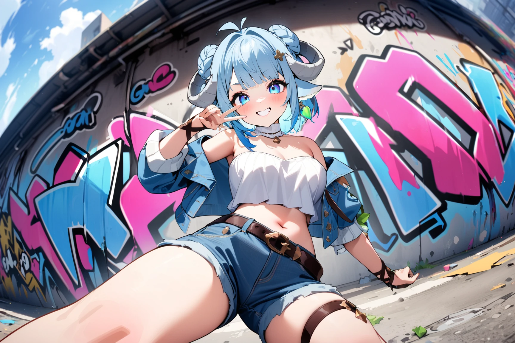 (MinaiAruma:1.2), 1girl, grin, (v over eye:1.1),
(graffiti:1.5) crop top, off shoulder, denim jacket, denim shorts, crystal earrings, hair ornament,
dynamic pose, looking at viewer, graffiti, popular style, wide_shot, dutch angle, foreshortening, masterpiece, newest, absurdres, <lora:MinaiArumaXL_animagine:1>,