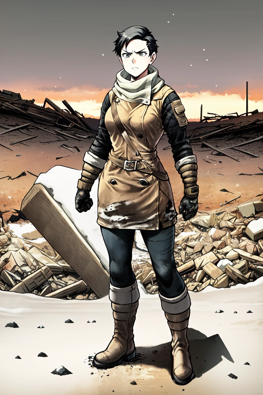 masterpiece,best quality,1girl,annall,<lora:AnnaLL:0.8>,winter clothes,pants,armor,scowling,boots,full body,grey skies,outdoors,in rubble,standing,snow,winter,very short hair,grey skies