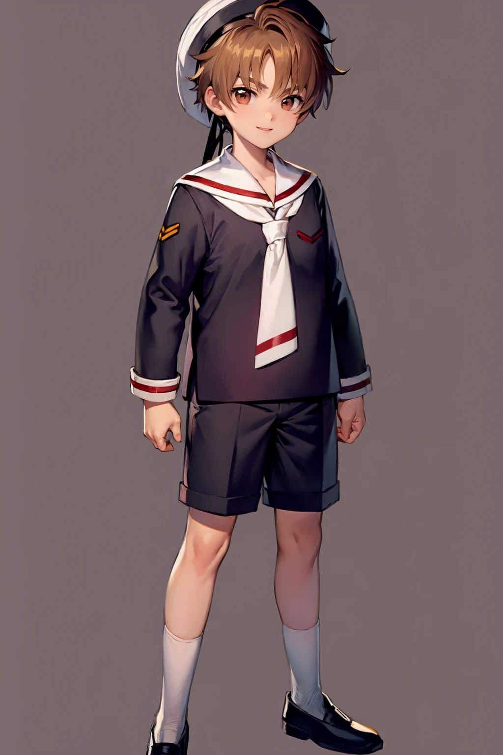 masterpiece, best quality,
1boy, lisayaoran, brown hair, browh eyes, black shirt, long sleeves, sailor collar, sailor hat, school uniform, shorts, tomoeda elementary school uniform,
smile,  full body, standing, solo, looking at viewer, simple background    <lora:LiSyaoran:1>