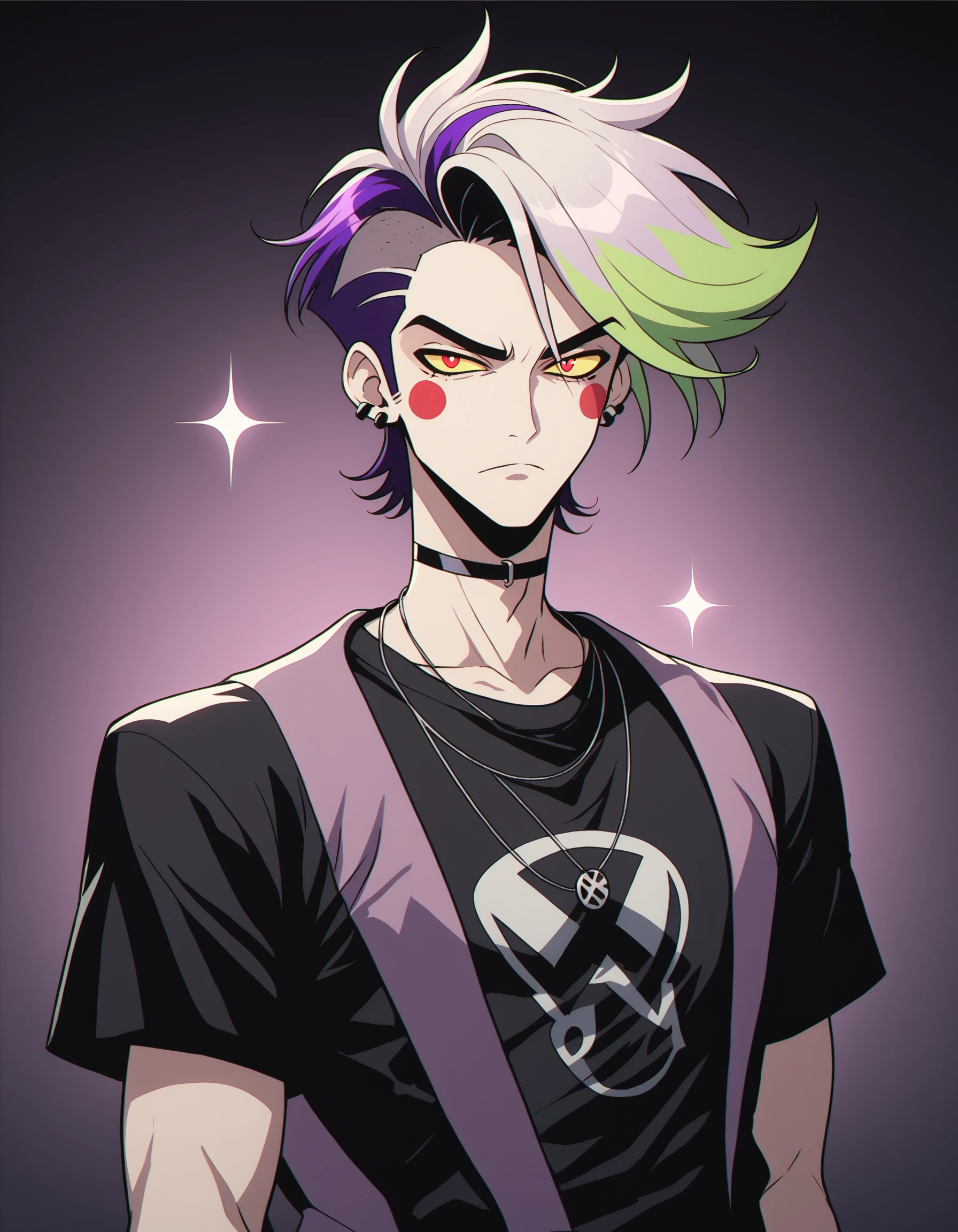 Beetlejuice, as voiced by Alex Brightman, 1boy, male focus, solo, green hair, dyed bangs, two tone hair, purple hair, multicolored hair,  striped suit, black shirt, faux hawk, punk theme,  ErthVasqBin_PNYXL