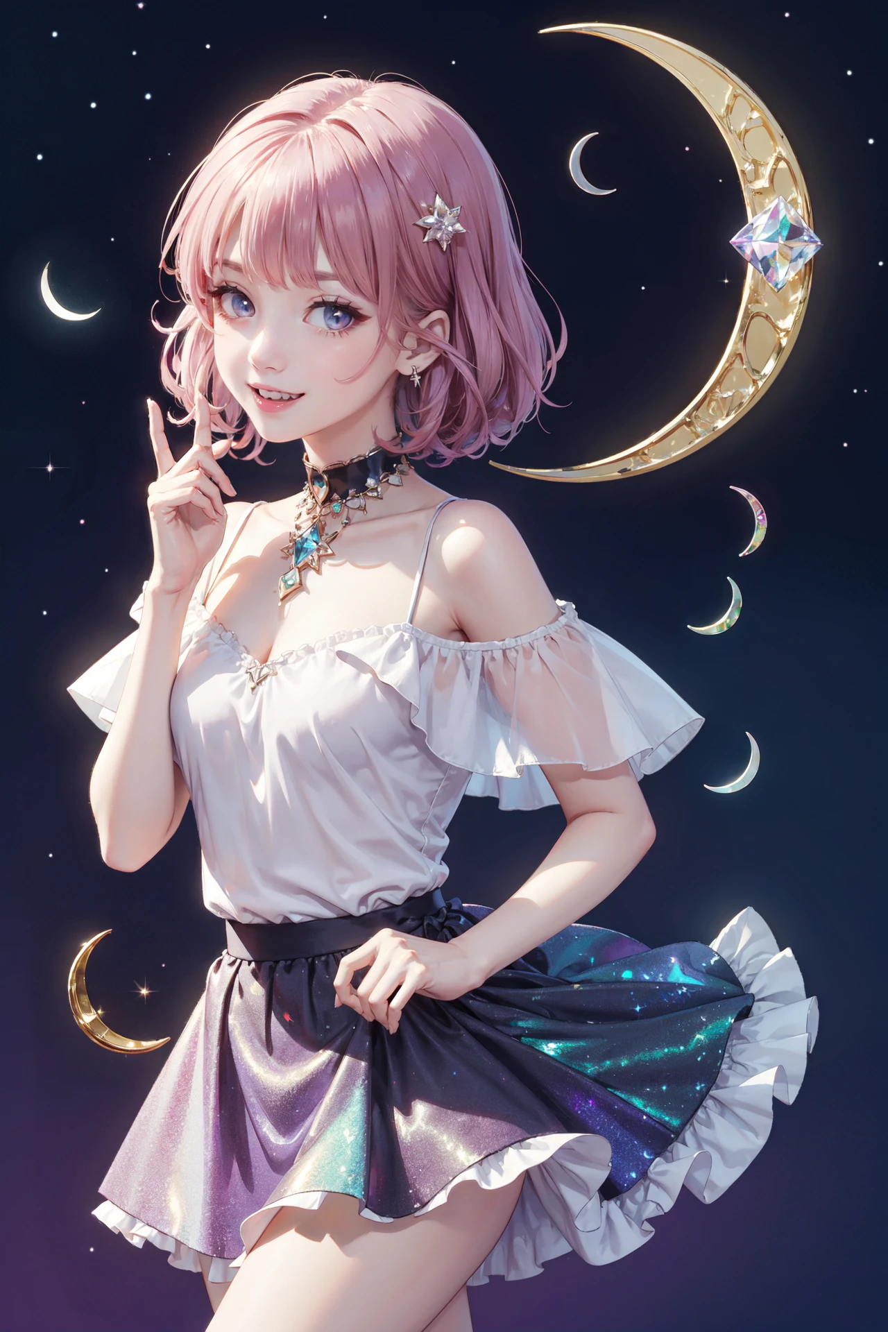 ((best quality, masterpiece, absurbres, super-resolution))
1girl, gentle, elegant, smiling, open mouth, small fangs, little devil, looking at viewer,
BREAK
dancing with you, reaching out to viewer, spinning
BREAK
flowing glistering hair, bejewel accessories, flowy translucent skirt, Off shoulder cut out top with laces
BREAK
(Detailed crescent moon:1.5), (crystal, holographic, prism:1.3)