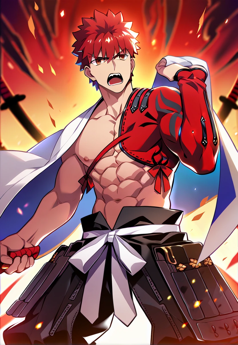 1boy, male focus, muscular male, best quality, amazing quality, best aesthetic, absurdres, official style, year 2023, game cg,  <lora:SenjiMuramasaFATEPONY:1> senji_muramasa_(fate), red hair, yellow eyes, igote,  katana, abs, nipples, navel, unlimited blade works \(fate\), serious, battoujutsu stance, angry, open mouth,