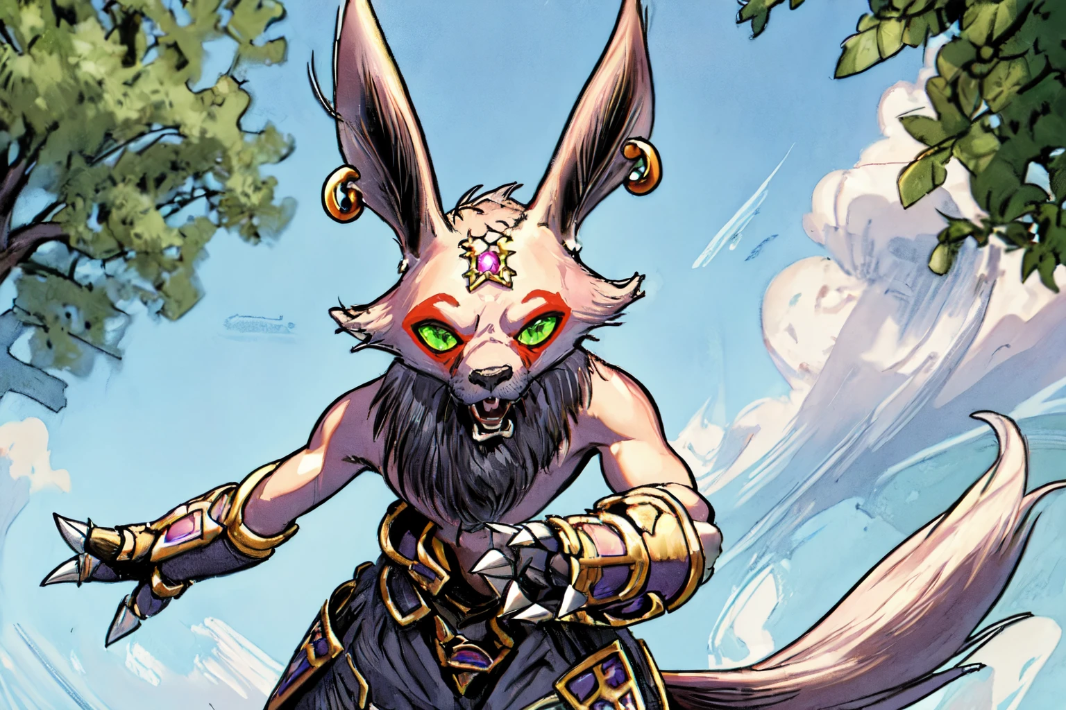 high detail skin, high detail eyes, high detail hair, highres, ultra detailed, sharpen picture, Highly detailed, masterpiece, best quality, photorealistic,
<lora:ZarakLora:1>1boy, furry, long pointy ears, armor, no humans, gauntlets, jewelry on forehead, claws, black pants, red facepaint, green eyes, earrings, jumping from a tree, floating in the air, casting pink magic