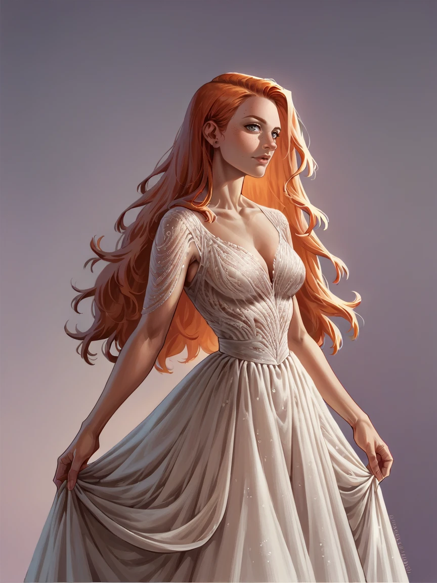 score_9, score_8_up, score_7_up, score_6_up, score_5_up, score_4_up, woman,  <lora:s4ltXLP2:0.6> s4lt, white gown, long hair, purple background, ginger hair,