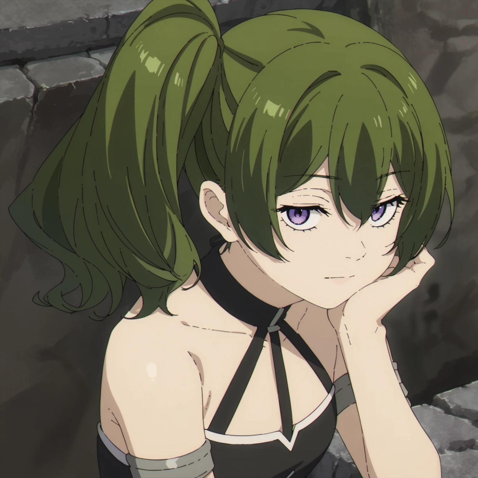 <lora:UbelXLpony006>,looking at viewer,
solo,
source_anime,score_9,score_8_up,
Ubel,1girl,green hair,Side ponytail,purple eyes,
halter black dress,sleeveless,