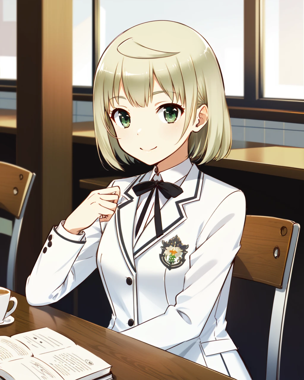 masterpiece, high quality, medium shot, upper body, 1girl, pmmmtart, sitting, blonde hair, short hair, ahoge, green eyes, white tights, white jacket, white shirt, black bowtie, day, light smile, book, indoors, cafe, <lora:pmmmtart-000008:0.8>