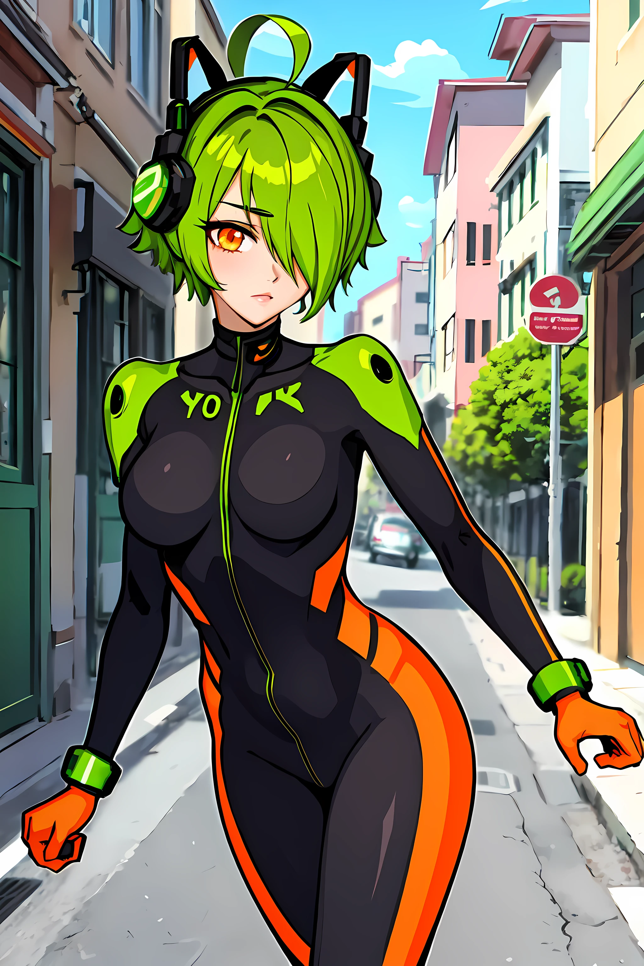 <lora:EvaCCv1:0.6> eva, masterpiece, best quality, 1girl, solo, green hair, short hair, hair over one eye, ahoge, orange eyes, bodysuit, headphones, high kick, alley