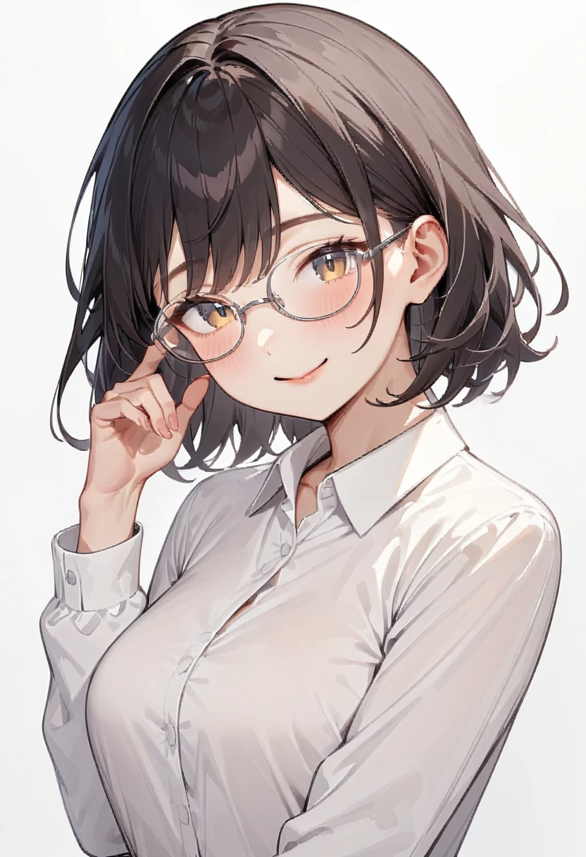 masterpiece, best quality, very aesthetic, absurdres,
1girl, solo, black hair, medium hair, smile, looking at viewer, upper body, collared shirt,
oval_metal, glasses, grey-framed eyewear, 
white background, simple background,
 <lora:oval_glasses_metal-frame2_SDXL_V1:1>