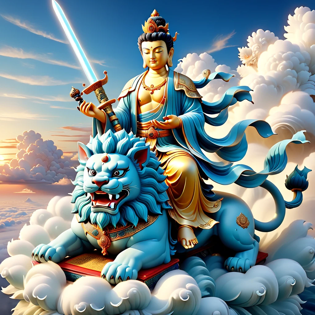 hyper-realistic style,(Buddha statue:1.2) of Manjushri with (heavenly apparel:1.1),(five tufts of hair:1.1),one hand (holding a sword:1.2),and the other (holding a ruyi or an ancient book:1.1),(riding a blue lion:1.2),comfortable and leisurely (sitting on a lotus:1.1) atop an (independent cloud:1.1) in the sky,with a gentle breeze. Composition is a (birdâs-eye view:1.1) with a (380-degree perspective:1.1),(background:0.9) of the ocean and dawn. Image is filled with (nuanced light and shadow:1.2),(cinematic style:1.1),(12K resolution:1.2),(exquisitely realistic details:1.3),ultra-high quality,ultra-clear,<lora:SDXLä½åææ®è©è©-000001:1>,