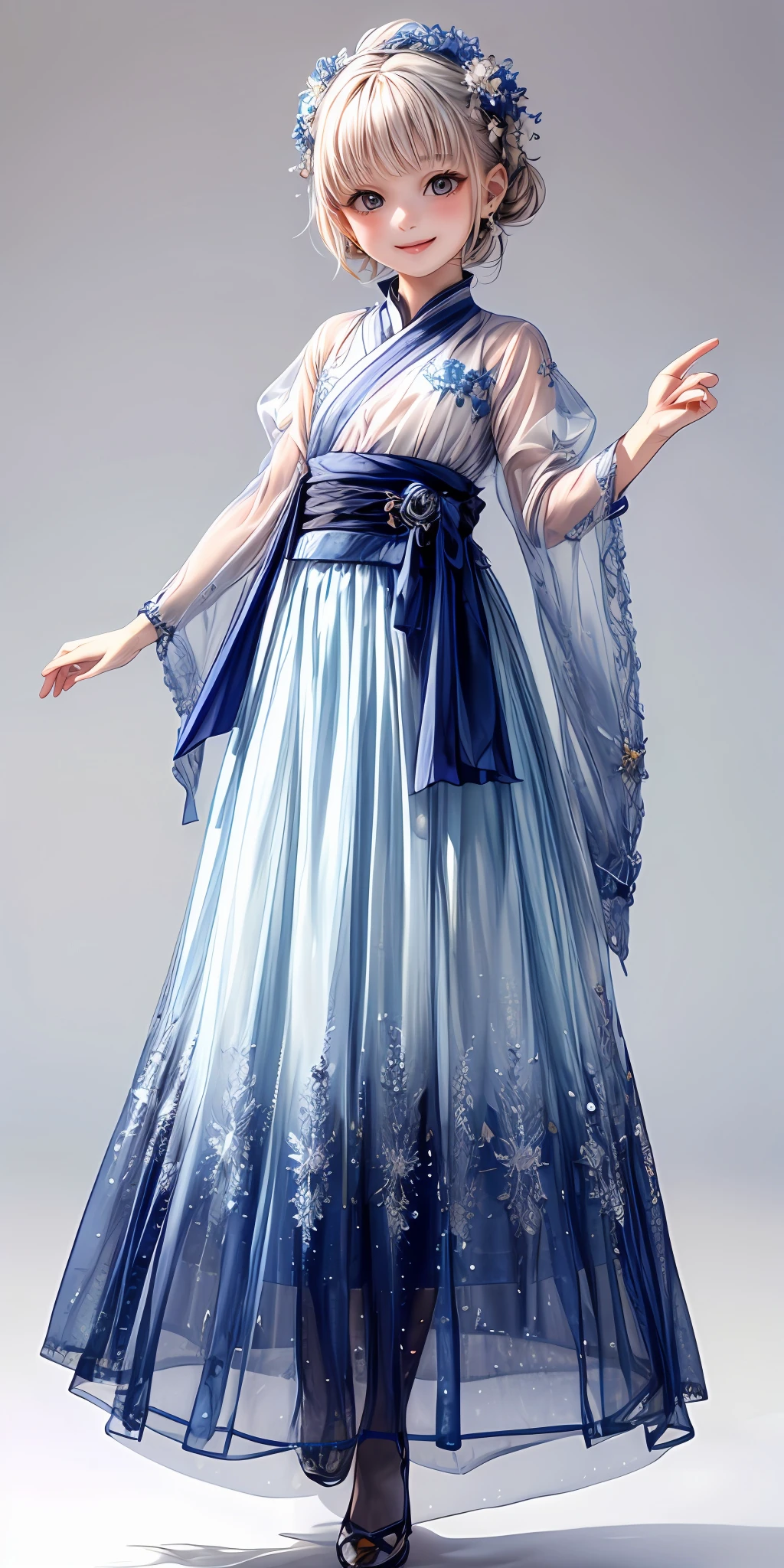 (masterpiece,ultra-detailed,best quality,8K,CG,illustration,shaved:1.0),(ite girl:1.0) <lora:more_details:1>, smile,simple background,
<lora:china dress v1.0:0.6> jyojifuku, hair ornament,see-through,skirt,flower