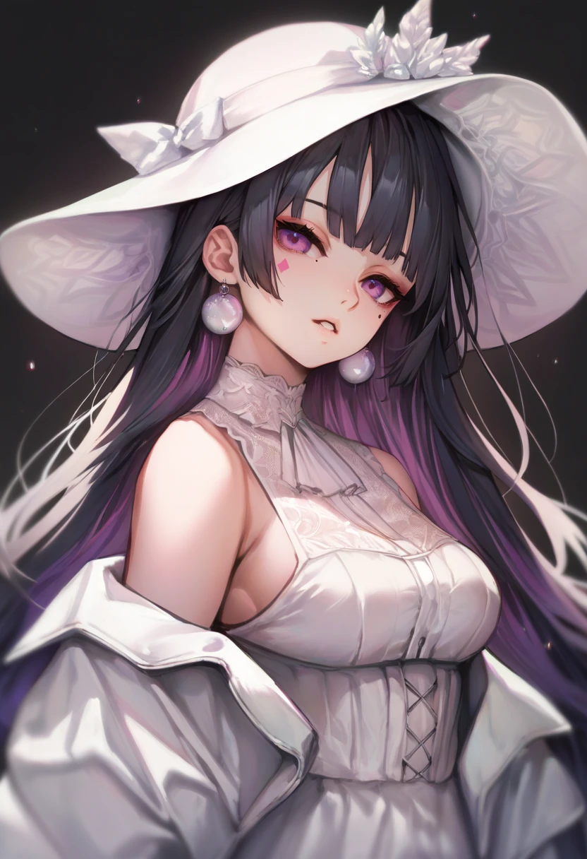 absurdres, RAW photo, extremely delicate and beautiful, masterpiece, Best Quality, ultra high resolution, 32k, hyperrealistic, ultra-detailed, delicate facial features, beautiful detailed woman, tearful mole, earring, medium breasts, full body shot, medium hair, black hair, Witch hat, mitts, White dress,