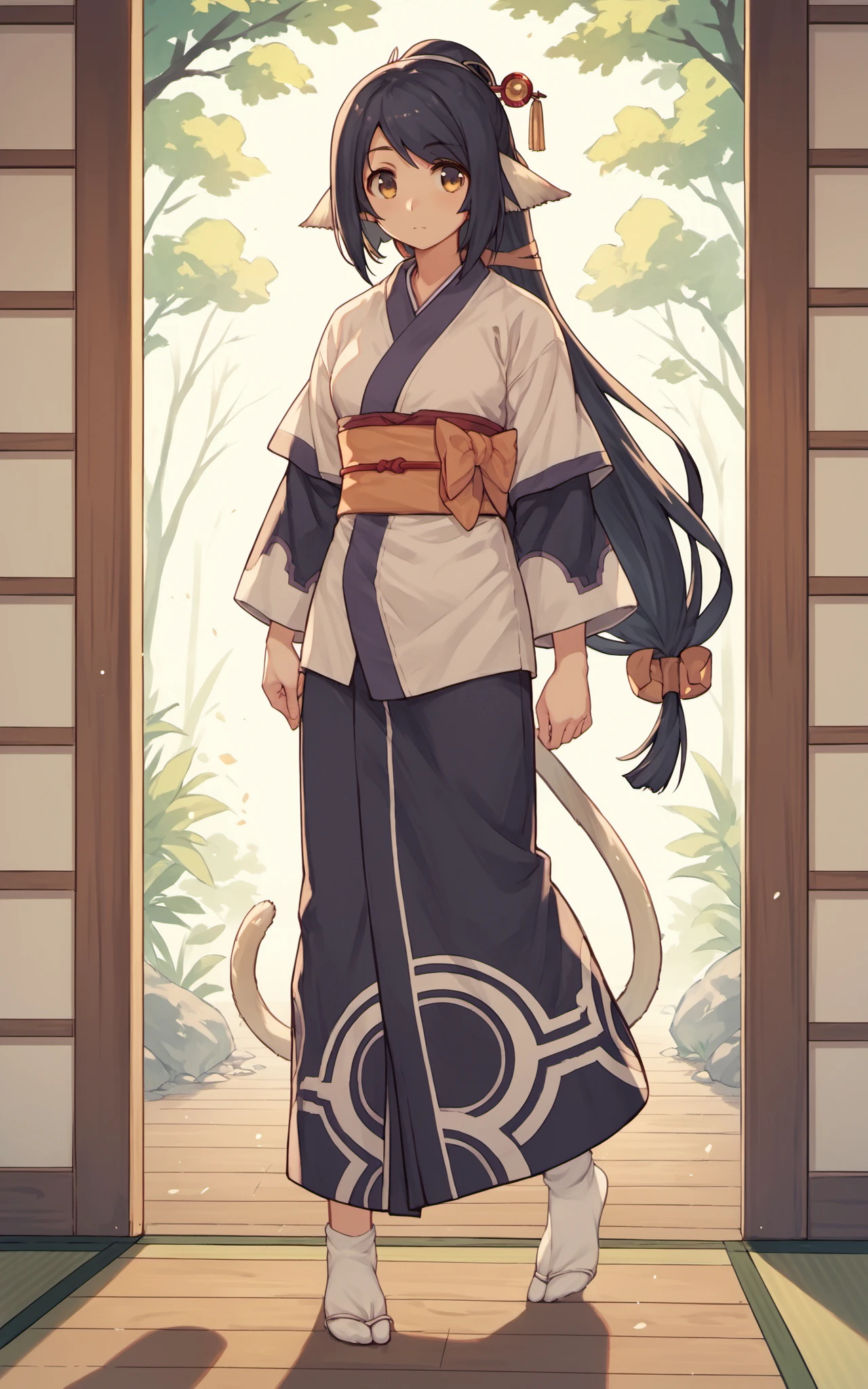 score_9,score_8_up,score_7_up,score_6_up,score_5_up,score_4_up,source_anime,1girl,utawarerumono,utawarerumono: itsuwari no kamen,kuon \(utawarerumono\),japanese clothes,kimono,long hair,tail,sash,low-tied long hair,(no shoes:1.2),white socks,tabi socks,standing wooden floor,<lora:kuon_pony:0.6>,