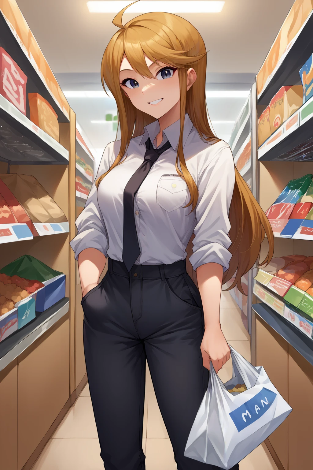 score_9, score_8_up, score_7_up, source_anime, cowboy shot, looking at viewer, smile, mgmtkr, medium breasts, long hair, collared shirt, sleeves rolled up, black necktie, black pants, hand in pocket, holding, shopping bag, indoors, shop, <lora:Hoseki_Idolmaster_MegumiTokoro_PDXL_v1:1>