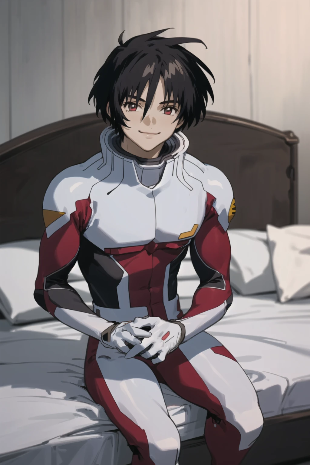 masterpiece,best quality,high quality,ultra detailed,8K,highres,muscle,shinn asuka,1boy,sitting on bed,looking at viewer,smile,anime,blurred background,portrait,nice hands,perfect hands,<lora:shinn_asuka:0.8>,