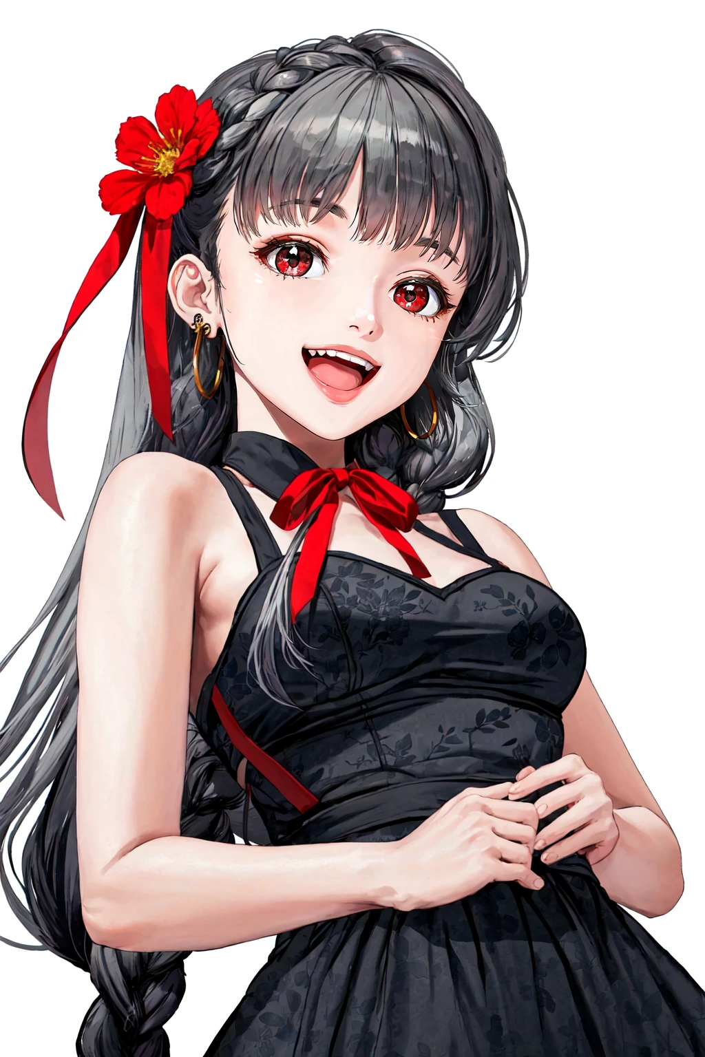 masterpiece, best quality, official art, nikkeearth_style, white background, medium breasts, flower, braid, floral print, red eyes, open mouth, simple background, bare shoulders, looking at viewer, sleeveless, black dress, id card, solo, dress, smile, grey hair, red ribbon, long hair, upper body, teeth, black hair, hair rings, ribbon, from below, 1girl, <lora:GoddessofNikke_EarthSD15:0.8>