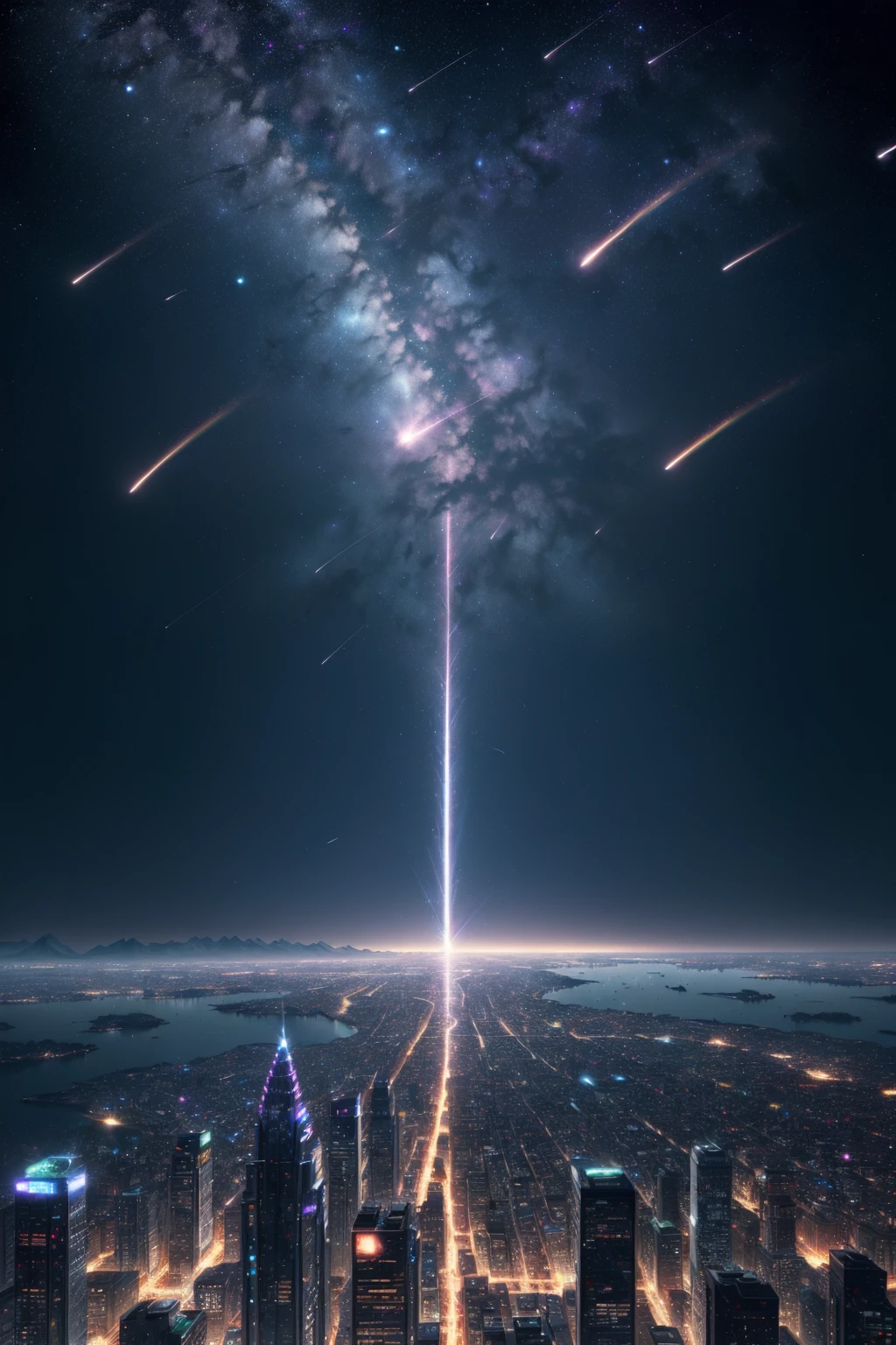 (Autosterescopy:1.5),
(extremely detailed CG unity 16k wallpaper, hyper detailed, delicate background, depth of field,ultra high res:1.3), (dark night:1.1),
(stars in the sky,city:1.2),
<lora:meteorshower:0.6> (dense meteor, dense rainbow's colors meteor shower,dense shooting stars falling down :1.2)