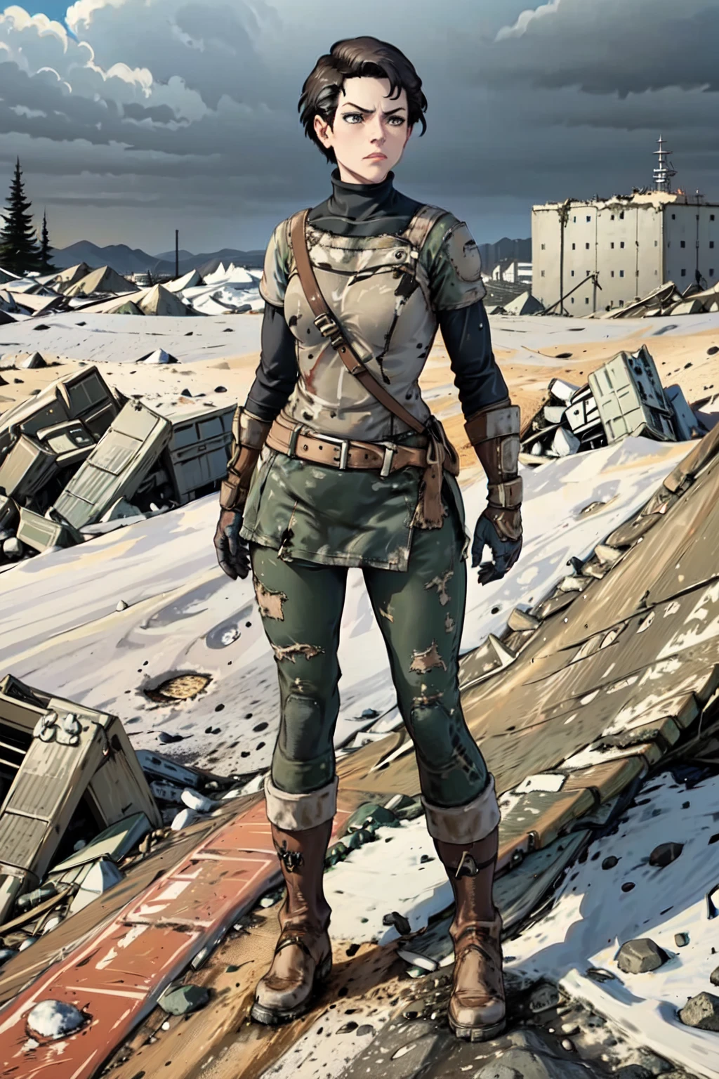 masterpiece,best quality,1girl,annall,<lora:AnnaLL:0.8>,winter clothes,pants,armor,scowling,boots,full body,grey skies,outdoors,in rubble,standing,snow,winter,very short hair,grey skies