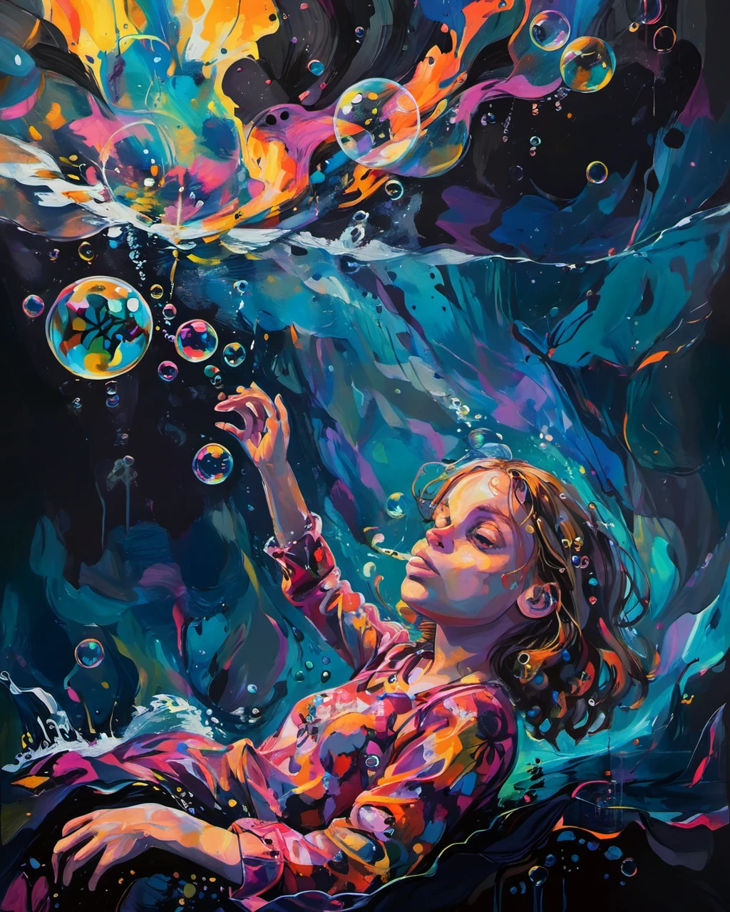 CRCLG style, abstract graphic design, young girl looking up while floaring under water in a dark sea, cold dark ocean, hopeless, bubbles of air, drowning, moody, vibrant colors on black background, detailed brushstrokes, expressive painting