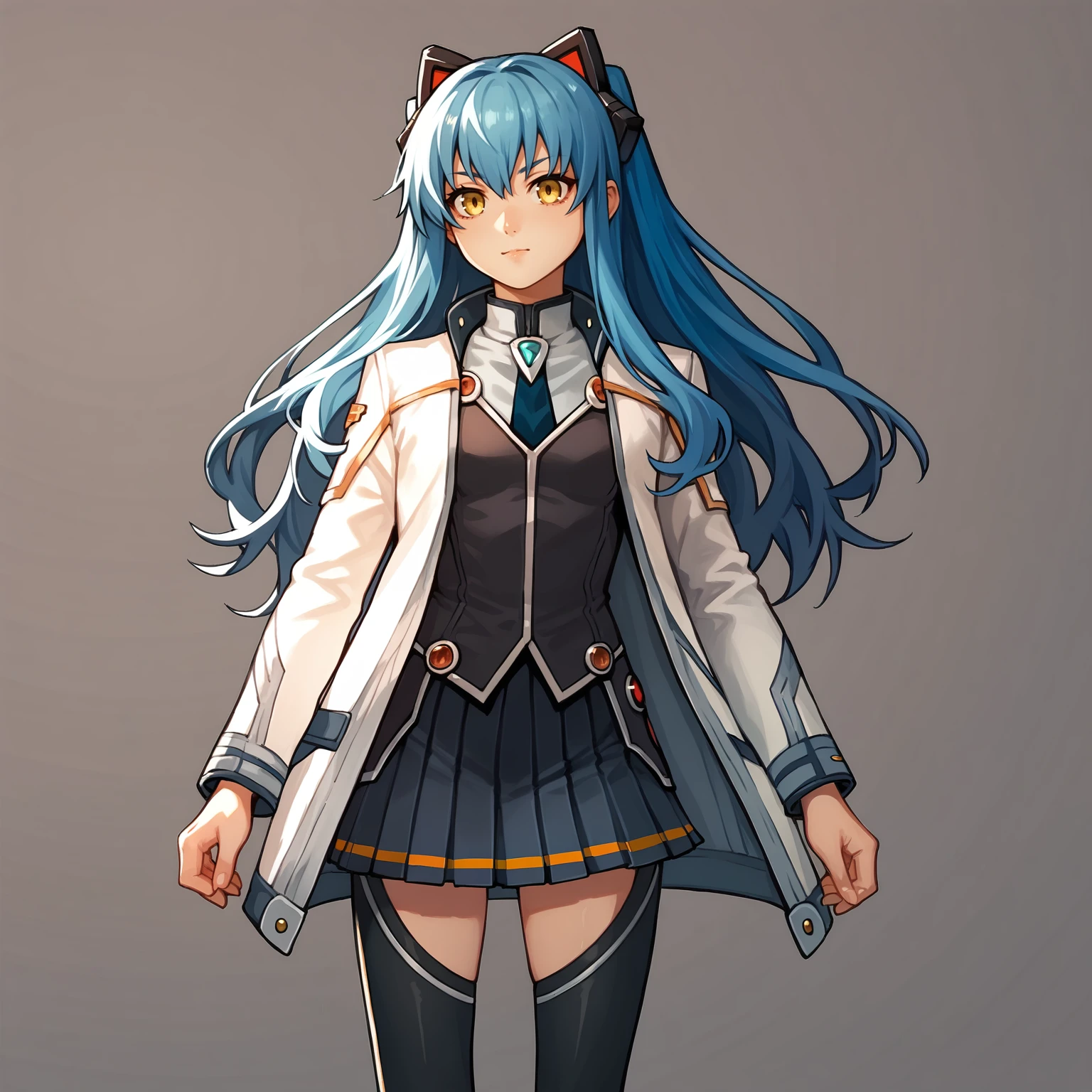 score_9, score_8_up, score_7_up, score_6_up, score_5_up, score_4_up, BREAK, solo, 
<lora:tio2-000017:0.9>, tioplato, long hair, blue hair, yellow eyes, fake animal ears, tiocs, white jacket, pleated skirt, thighhighs,