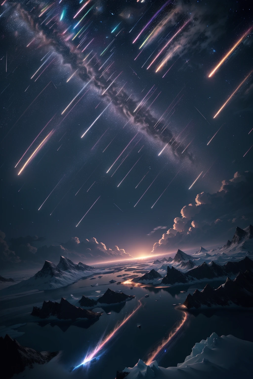 (extremely detailed CG unity 16k wallpaper, hyper detailed, delicate background, depth of field,ultra high res:1.3), (dark night:1.1),
(stars in the sky,polar,:1.2),
<lora:meteorshower:0.6> (dense meteor, dense rainbow's colors meteor shower,dense shooting stars falling down,star trails :1.4)