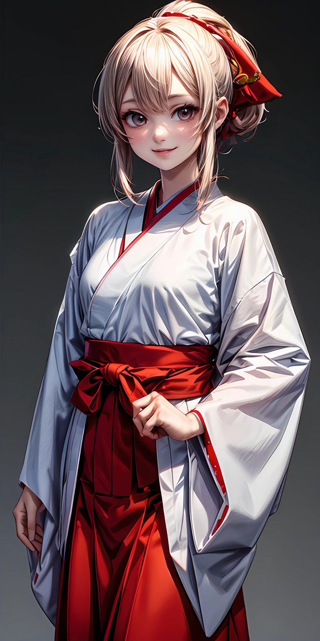 (masterpiece,ultra-detailed,best quality,8K,CG,illustration,shaved:1.0),(petite girl:1.0) <lora:more_details:1>, simple background, smile
<lora:miko v1.0:0.5> jyojifuku, miko