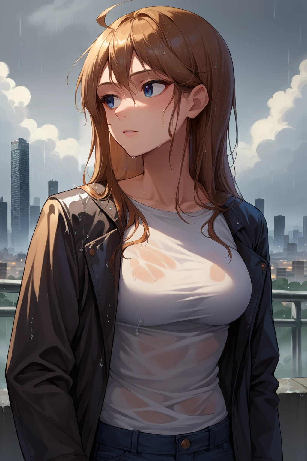 score_9, score_8_up, score_7_up, source_anime, upper body, looking to the side, pensive, mgmtkr, medium breasts, long hair, wet hair, jacket, pants, outdoors, cloudy sky, overcast, rain, cityscape, <lora:Hoseki_Idolmaster_MegumiTokoro_PDXL_v1:1>