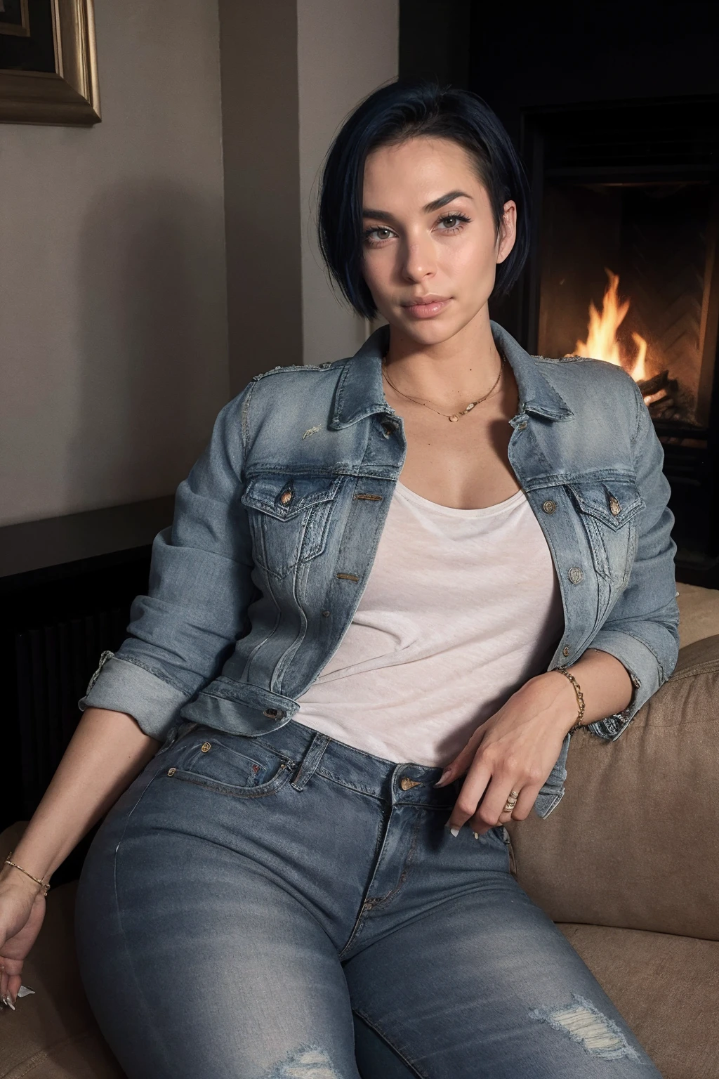 <lora:ZahraElise:0.9> ZahraElise, ,a woman wearing Denim jacket and casual pants, fireplace setting, (natural lighting:0.5)