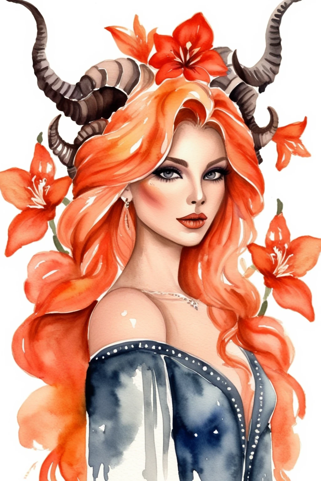 Watercolor painting woman, orange long hair, grey eyes, two horns on the head, makeup, jewelry, full body, red flowers, watercolor style  <lora:Lilith XL:0.8> lilith . Vibrant, beautiful, painterly, detailed, textural, artistic