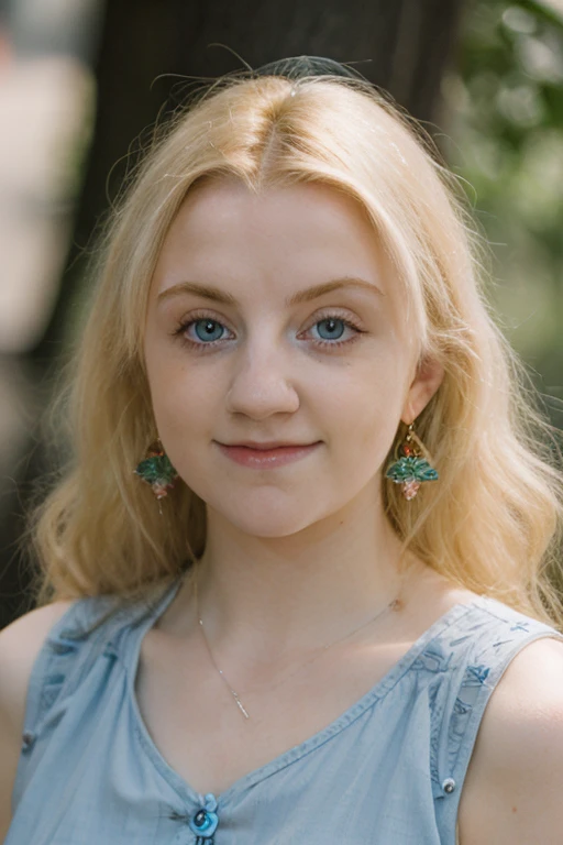 a picture of luna lovegood woman,blonde,young,detailed skin, surface scattering, bokeh, skin pores,  city streets,wearing a dress,outdoors, looking at viewer,cute smile,  blue eyes <lora:luna lovegood (6):1>