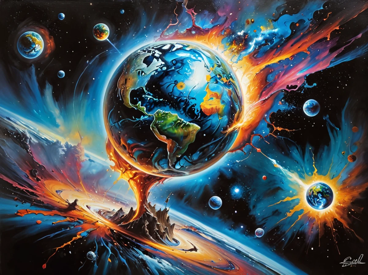 Hyper-detailed oil on canvas masterpiece an intense ethereal birth of planet Earth in the midst of the galaxy; the borders to the dimensions rips and flash of gorgeous plasma sprays into the galaxy,surreal masterpiece by (salvadore dali, Stephen Youll, Patrice Murciano)