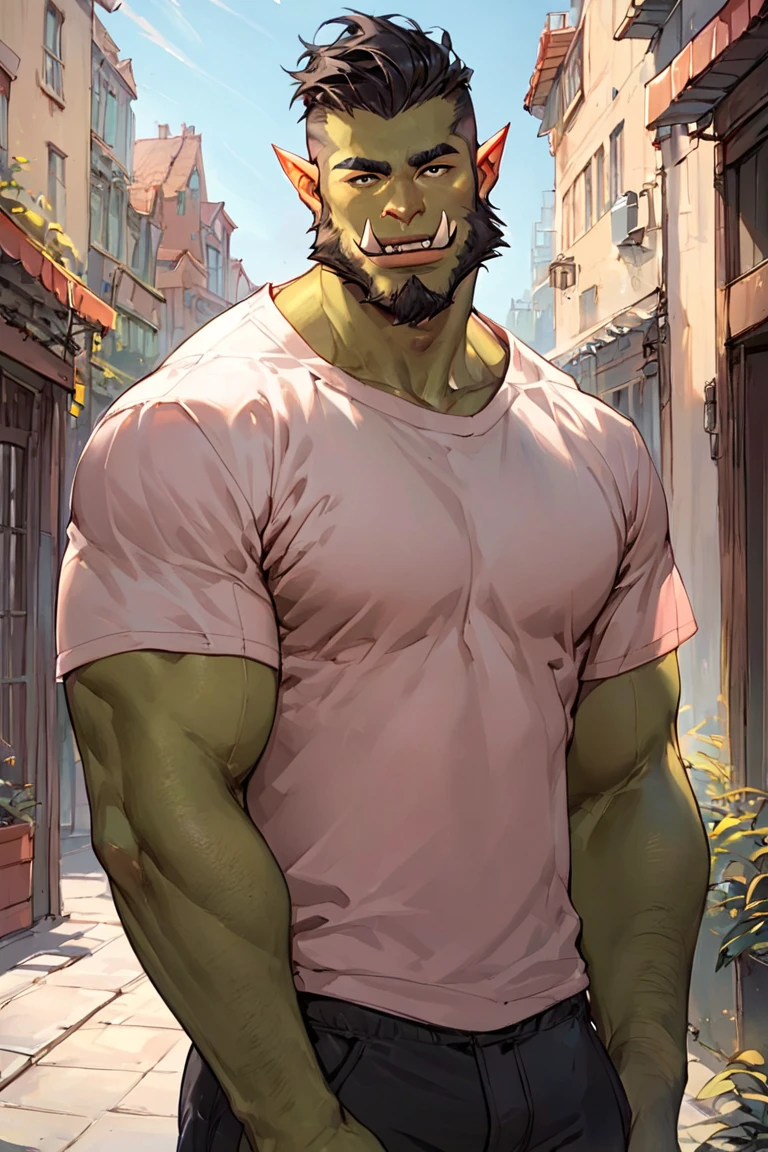 score_9, score_8_up, score_7_up, rating_safe, orc, green skin, tusks, beard, black hair, muscular, pink t-shirt, black pants, smile, 1boy, solo, male focus, mature male, looking at viewer, cowboy shot, standing, outdoors, city, building <lora:MatureMaleMix v1.4 Style LoRA_Pony XL v6:1>