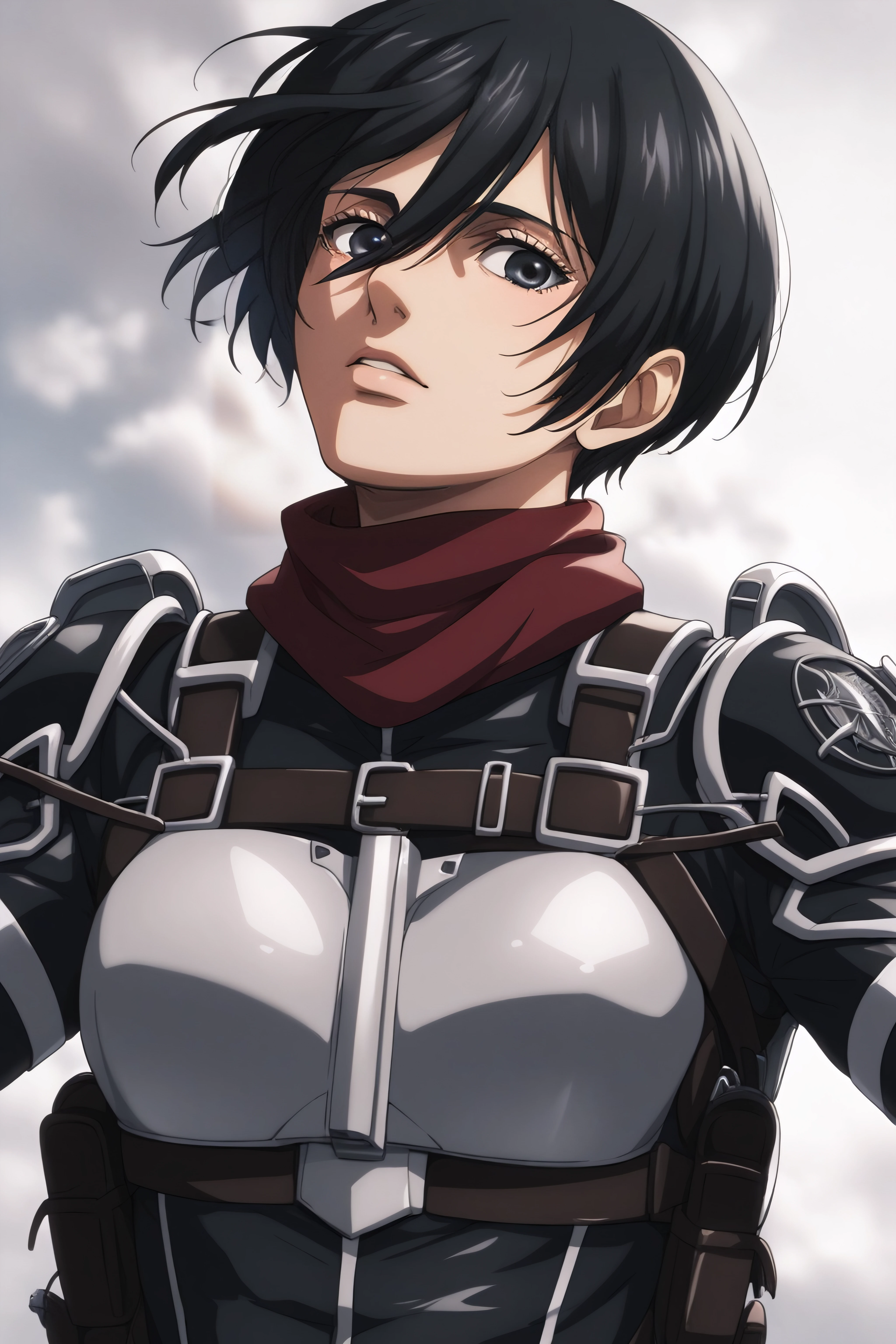 score_9, score_8_up, score_7_up, BREAK source_anime, <lora:adult mikasa ackerman-PonyXL-lora-faxtron:0.8> adult mikasa ackerman, black eyes, black hair, short hair, paradis military uniform, armor,