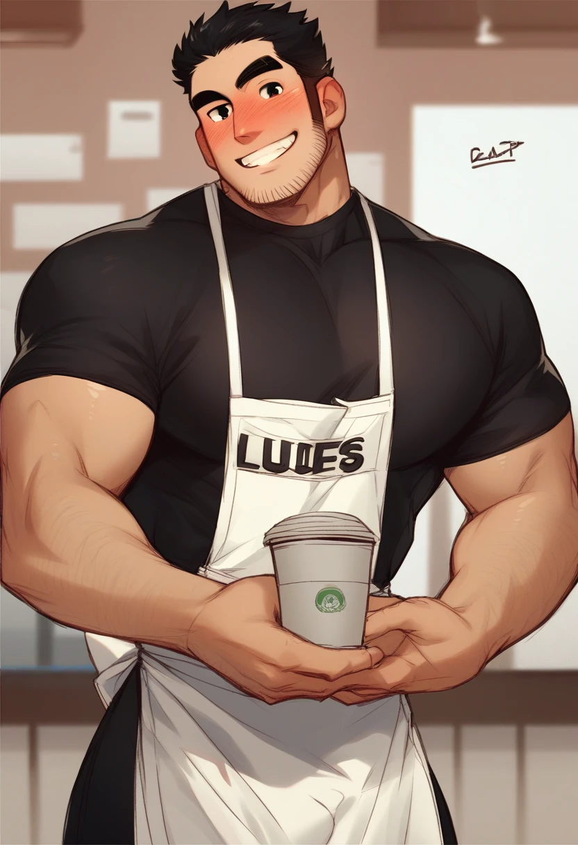 score_9, score_8_up, score_7_up, score_6_up, score_5_up, score_4_up, lucas_lee, 1boy, apron, bara, barista, beard stubble, black hair, blush, counter, facial hair, full-face blush, grin, huge eyebrows, large pectorals, leaning forward, looking at viewer, male focus, muscular, muscular male, name tag, pectorals, pout, raised eyebrow, shirt, short hair, short sleeves, smile, solo, stubble, t-shirt, tight clothes, tight shirt, upper body, waist apron <lora:Lucas_Lee-Pony-XL-v6:1>