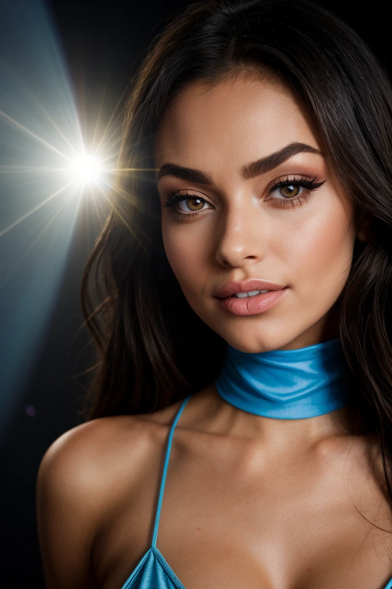 (Close-up Headshot:1.4) DV_S3_Sahara_Vicious ((Photo Focus, DOF, Aperture, insanely detailed and intricate, character, hypermaximalist, hyper realistic, super detailed, (lens flare))) BREAK (Yellow Room:1.4) BREAK (Blue leggings:1.3) (smile:1.3) <lora:exposure_control_v10:-0.1> <lora:more_details:0.3> (volumetric smoke and lens flares and backlight:1.4)(eyeliner, lipstick)