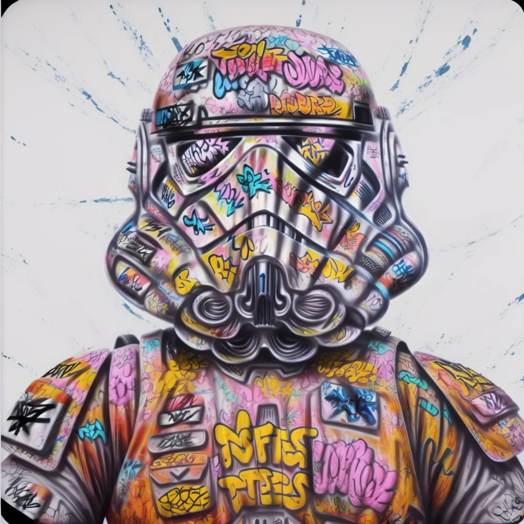 ultra detailed, realistic, fantasy stormtrooper, graffiti_sticker, graffiti <graffiti_2024:1.42> <add_detail:0.74>