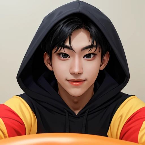 1boy, solo, hwatemp, portrait,( focus on face:1.2), male focus, looking at the viewer, early twenties, black hair. BREAK,
(black eyes:1.2), BREAK,
short hair, blurred background, happy, hoodie, bouncy castle, <lora:Hwarang_TEMPEST:1>