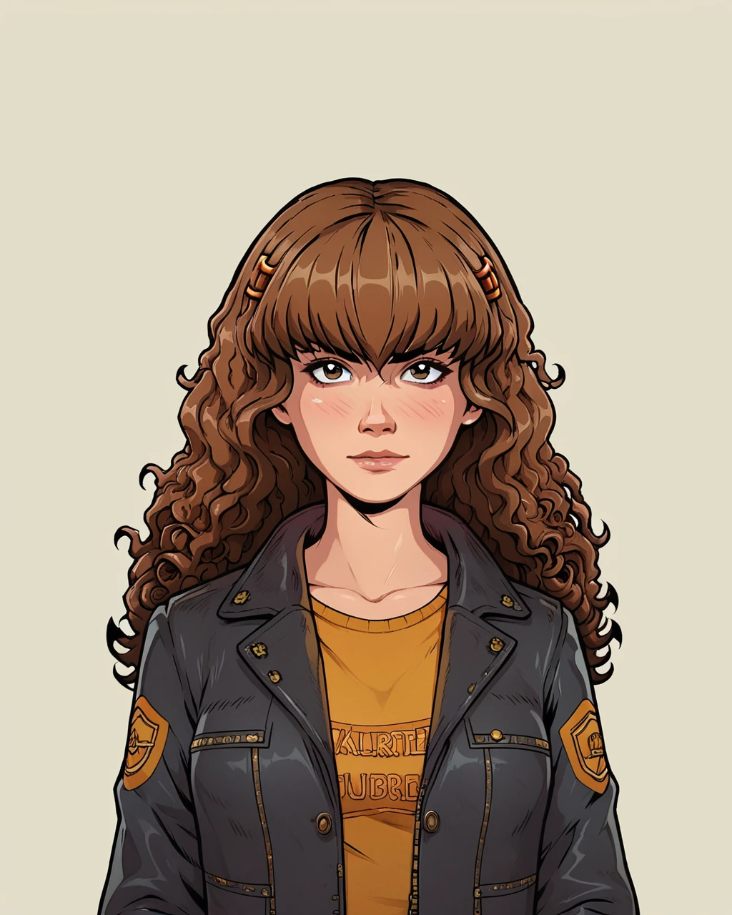 score_9, score_8_up, score_7_up,zPDXL, Akaburstyle, 1girl, solo, Hermione Granger, brown hair, curly hair, leather jacket, looking at viewer, close up <lora:AkaburV2_PDXL:0.85>