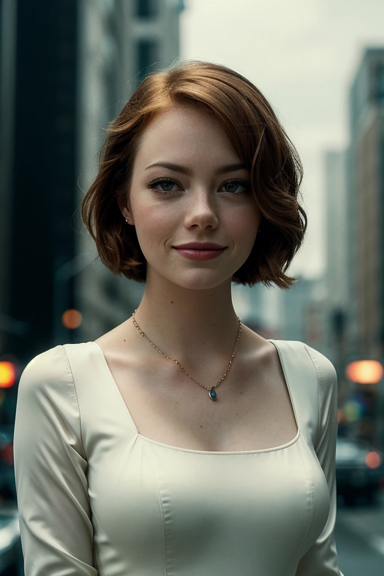 photo of gorgeous (emst0ne-135:0.99), a beautiful woman, (smiling), perfect hair upsweep updo, (award winning modern photography), (Birch highneck evening gown with long sleeves:1.1), closeup portrait, 85mm, (analog, cinematic, film grain:1.3), (Futuristic dystopian city viewpoint with mind-controlled robotic delivery drones:1.2), detailed eyes, (epiCPhoto), necklace, eyeliner, (looking at viewer:1.2), (cinematic shot:1.3), ((sfw))