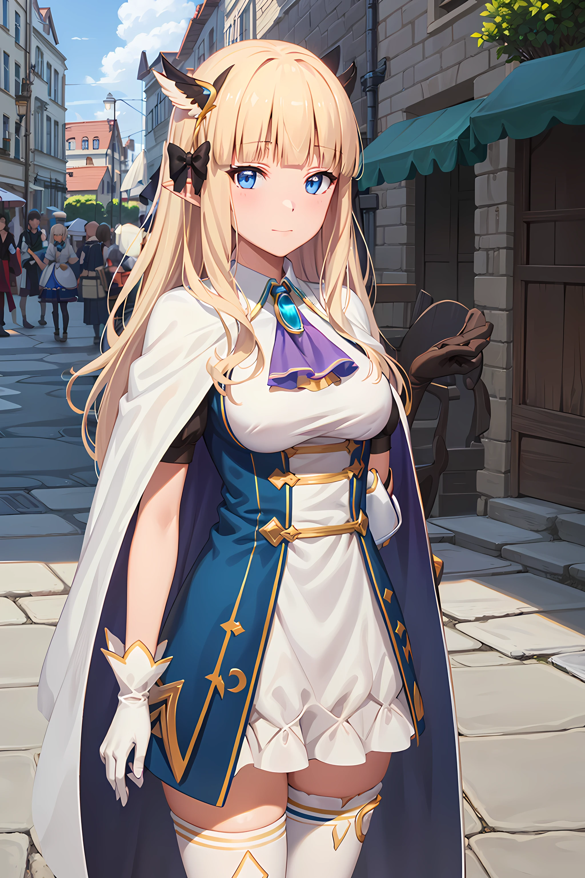 best quality, masterpiece, detailed,
<lora:PrincessConnect_Saren:0.8>, Saren,
1girl, closed mouth,
blonde hair, long hair, blue eyes, blunt bangs, pointy ears, hair bow, wing hair ornament,
SarenDress, dress, cape, ascot, brooch, thighhighs, short sleeves, gloves,
looking at viewer,
fantasy, street, market, cloud