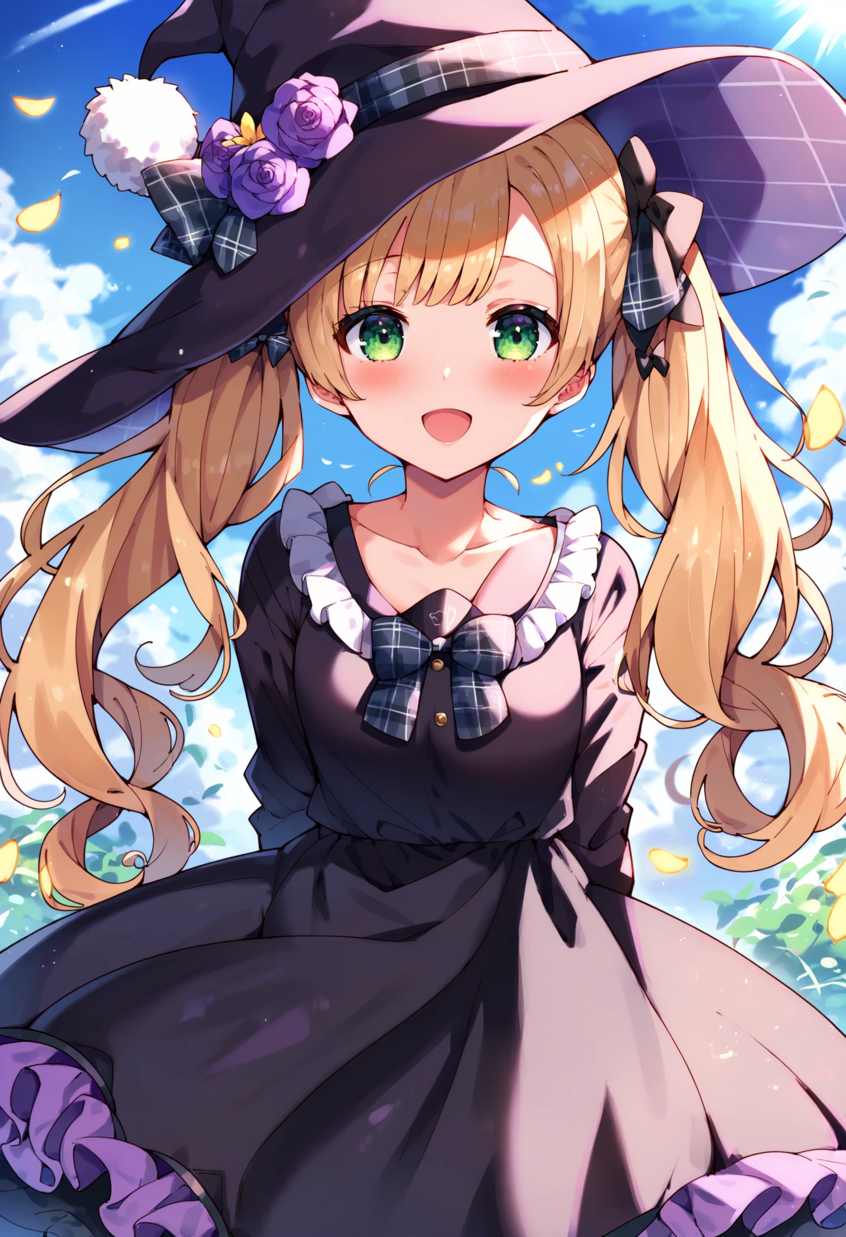 score_9, score_8_up, score_7_up, score_6_up, score_5_up, score_4_up, source_anime, <lora:pony_Style5726786029:0.8>, 1girl, solo, bangs, blush, smile, looking at viewer, indoors, outdoors, :d, arms behind back, beret, black bow, black dress, black hair, blonde hair, bow, cloud, collarbone, dress, dutch angle, flower, frilled dress, frilled sleeves, frills, green eyes, hair bow, hair flower, hair ornament, hat, holding, holding microphone, long hair, long sleeves, medium dress, microphone, open mouth, plaid, plaid scarf, purple flower, rose, sidelocks, standing, sunlight, twintails, very long hair, wavy hair, witch hat, yellow flower