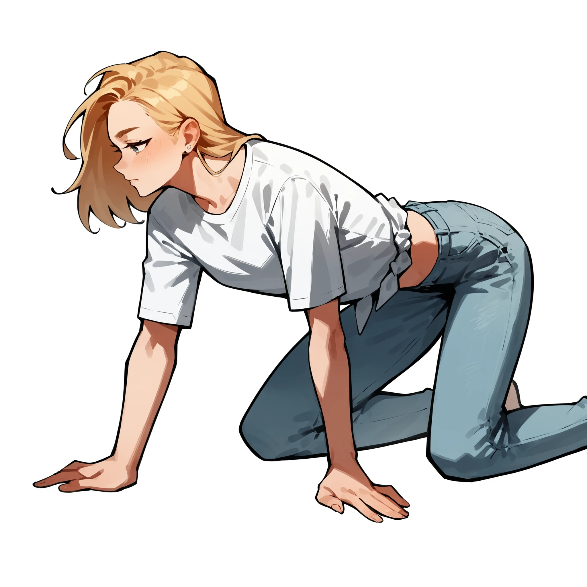 score_9, score_8_up, score_7_up, score_6_up, score_5_up, score_4_up, 1girl, white background, white shirt, all fours, denim pants, lineart, source_anime, smooth outline, blonde hair, from side