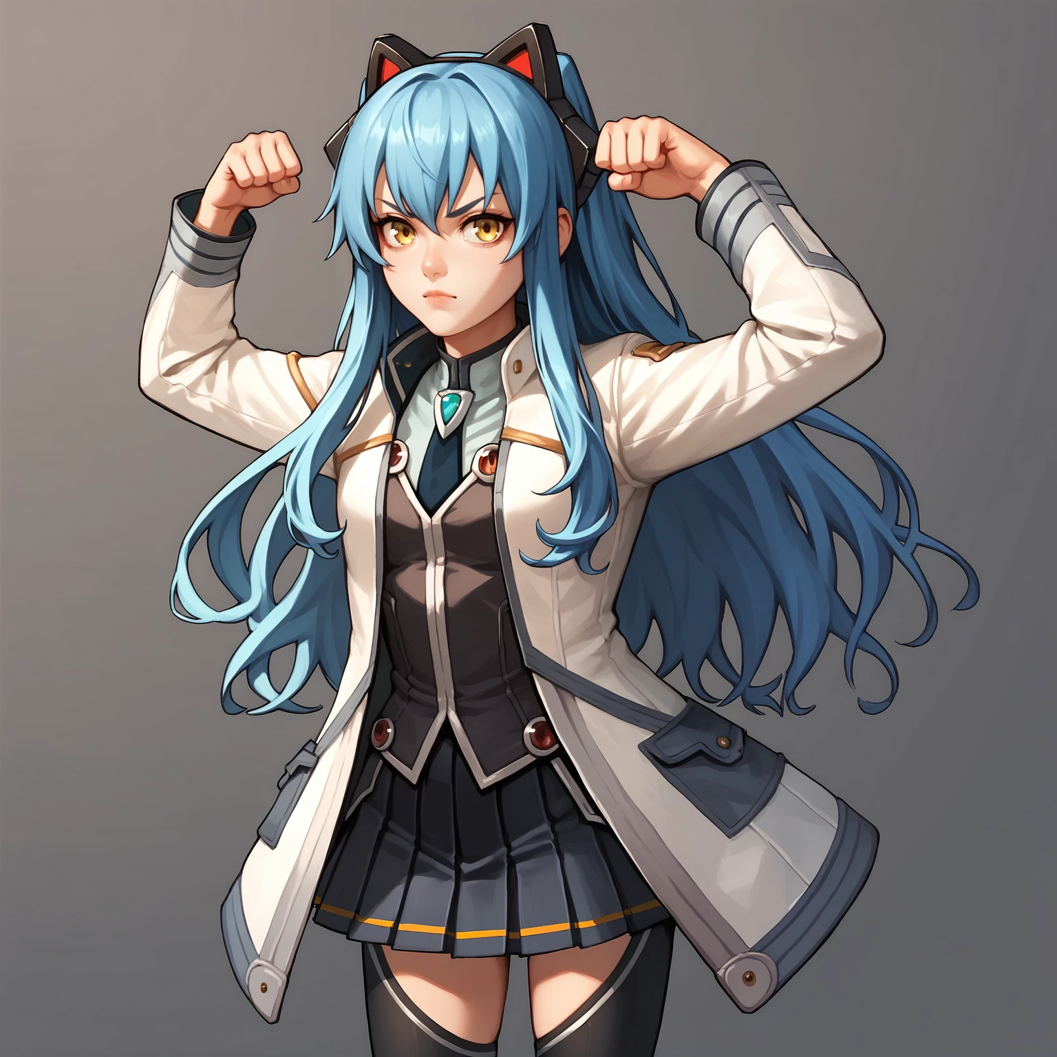 score_9, score_8_up, score_7_up, score_6_up, score_5_up, score_4_up, BREAK, solo, t-pose, 
<lora:tio2-000017:0.9>, tioplato, long hair, blue hair, yellow eyes, fake animal ears, tiocs, white jacket, pleated skirt, thighhighs,