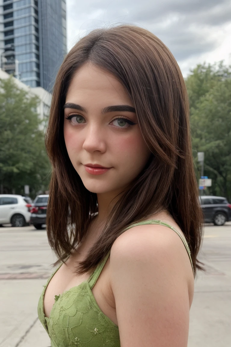 a picture of st4ryuuki15 woman,mid-twenty, brunette hair,detailed skin, surface scattering, bokeh, skin pores,  city streets,wearing a dress,outdoors, looking at viewer , green eyes <lora:st4ryuuki15 (6):1>