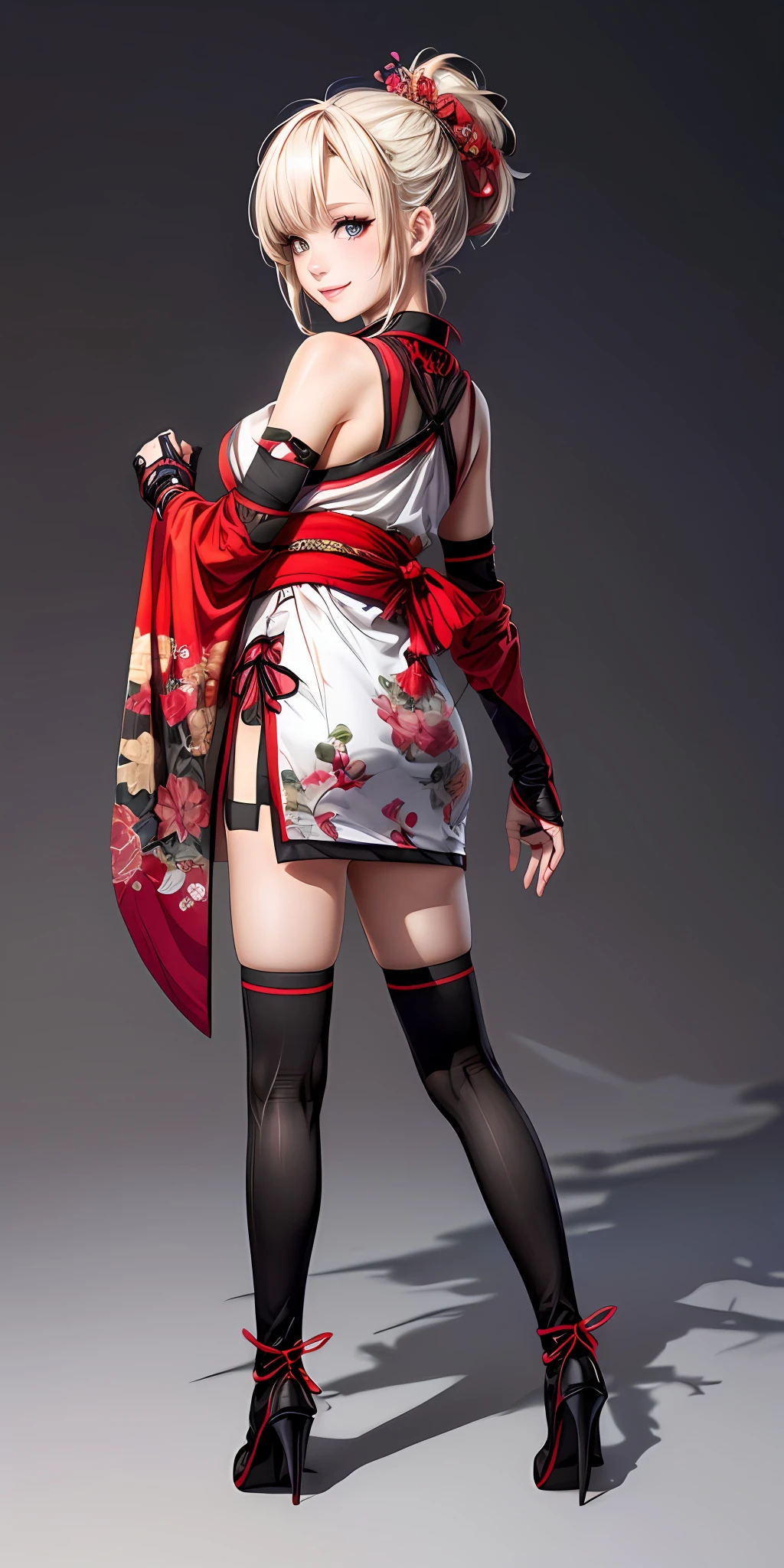 (masterpiece,ultra-detailed,best quality,8K,CG,illustration,shaved:1.0),(ite girl:1.0) <lora:more_details:1>, smile,simple background,
<lora:kunoichi v1.0:0.6> jyojifuku, kimono, kuniichi,, gloves, thighhighs