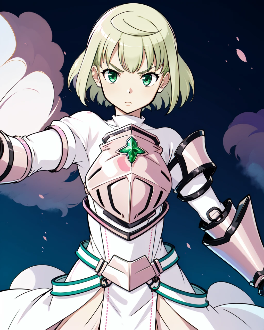 masterpiece, high quality, medium shot, upper body, 1girl, pmmmtart, standing, dynamic pose, blonde hair, short hair, ahoge, green eyes, pink breastplate, green gem on chest, pink dress, pink armor, white belt, serious,  <lora:pmmmtart-000008:0.8>