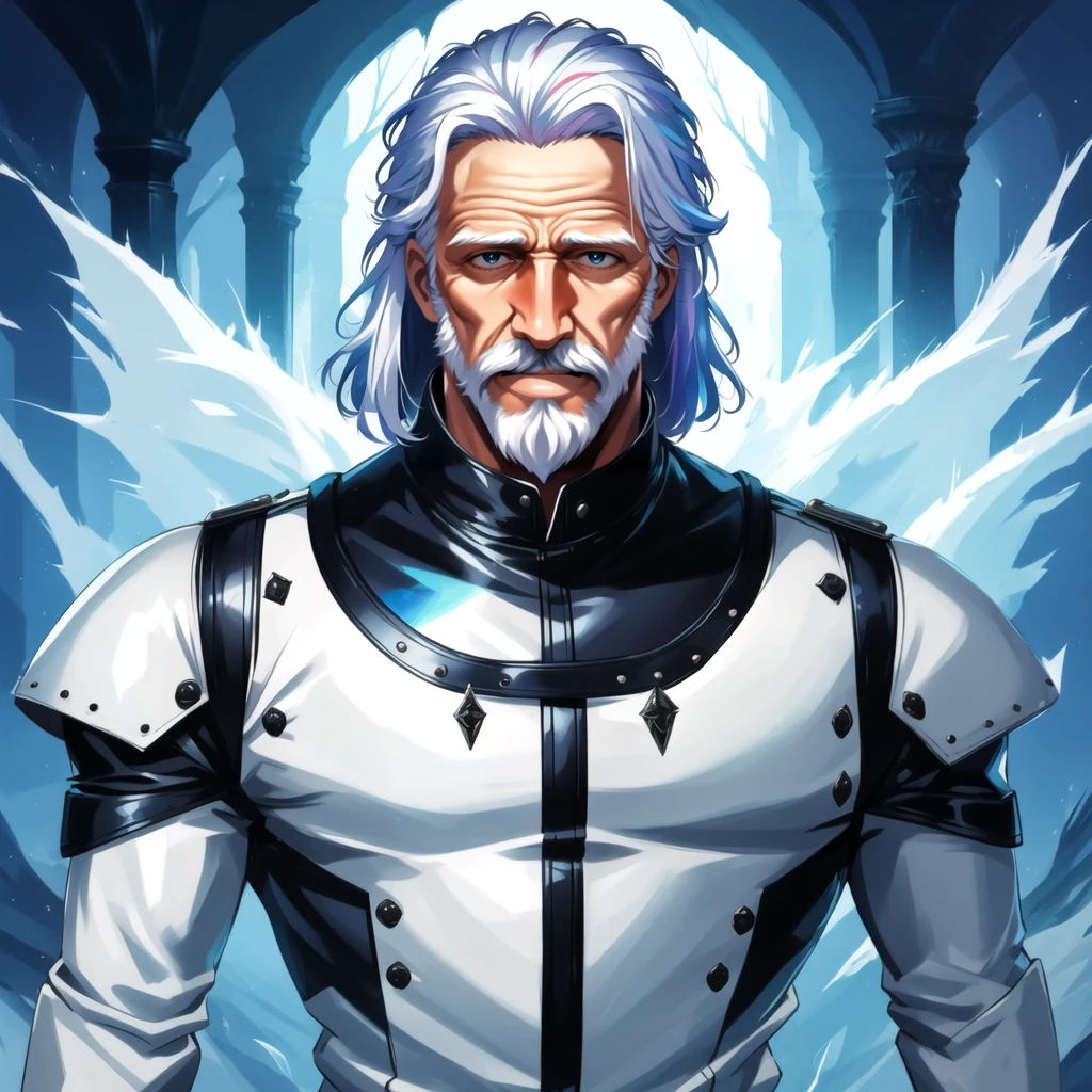 portrait of elderly man with long white hair and white beard, wearing black leather tunic, in forest, high quality, masterpiece, cinematic, rough painterly texture